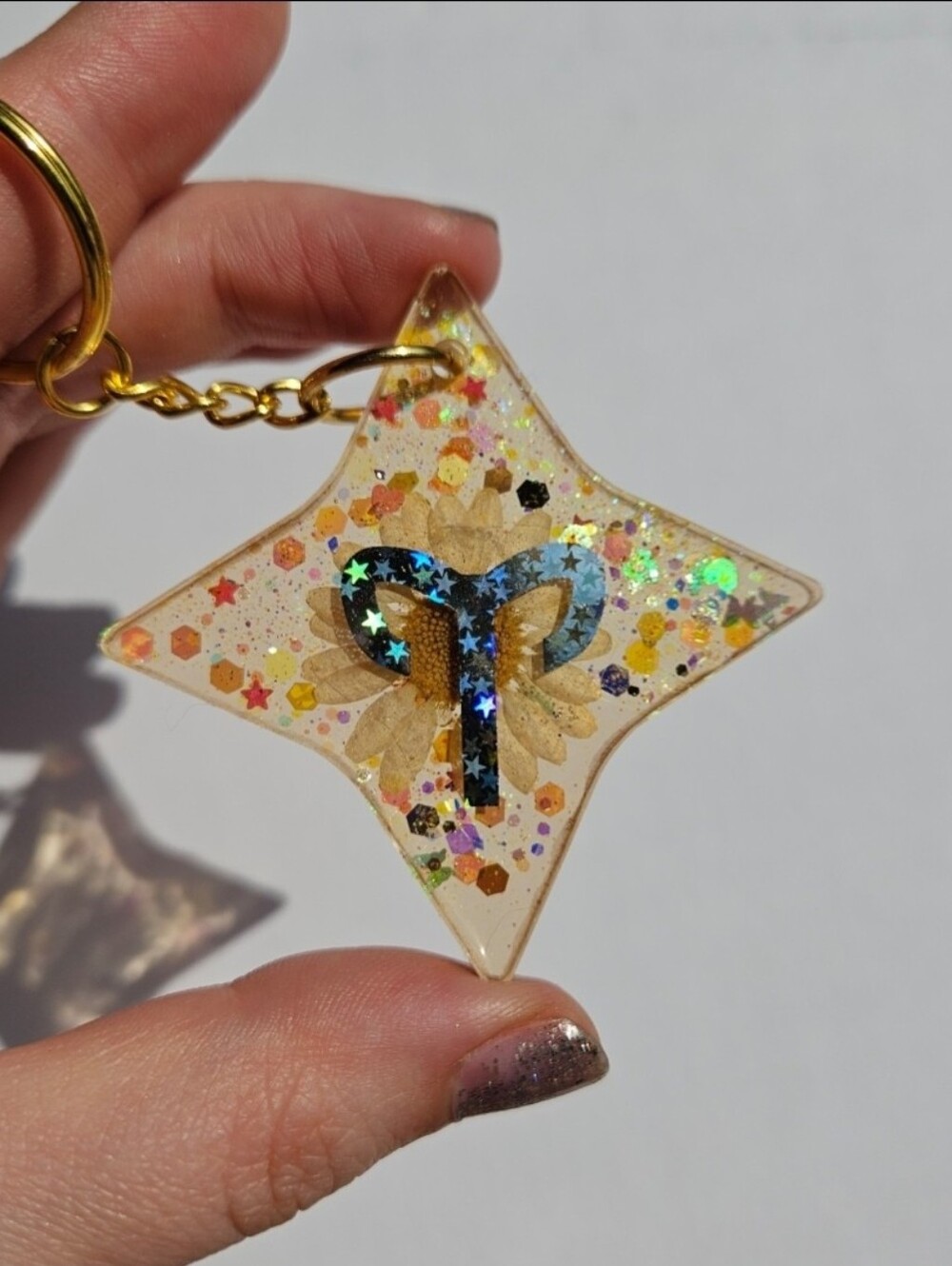 Handmade Aries Zodiac Sign Gold Resin Keychain - Picture 4 of 4